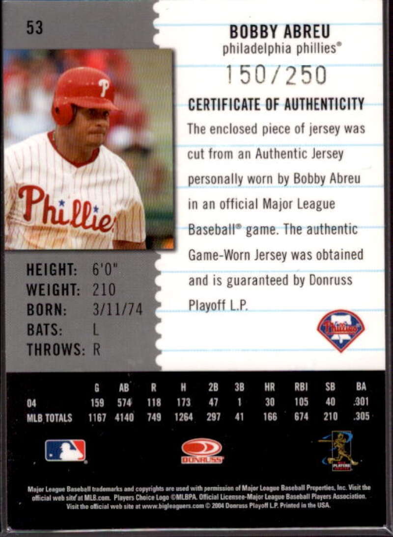 Bobby Abreu Jsy Card 2005 Leaf Century Material Fabric Position #53  Image 2