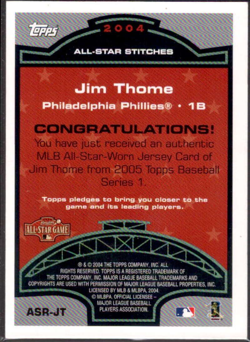 Jim Thome Card 2005 Topps All-Star Stitches Relics #JT  Image 2