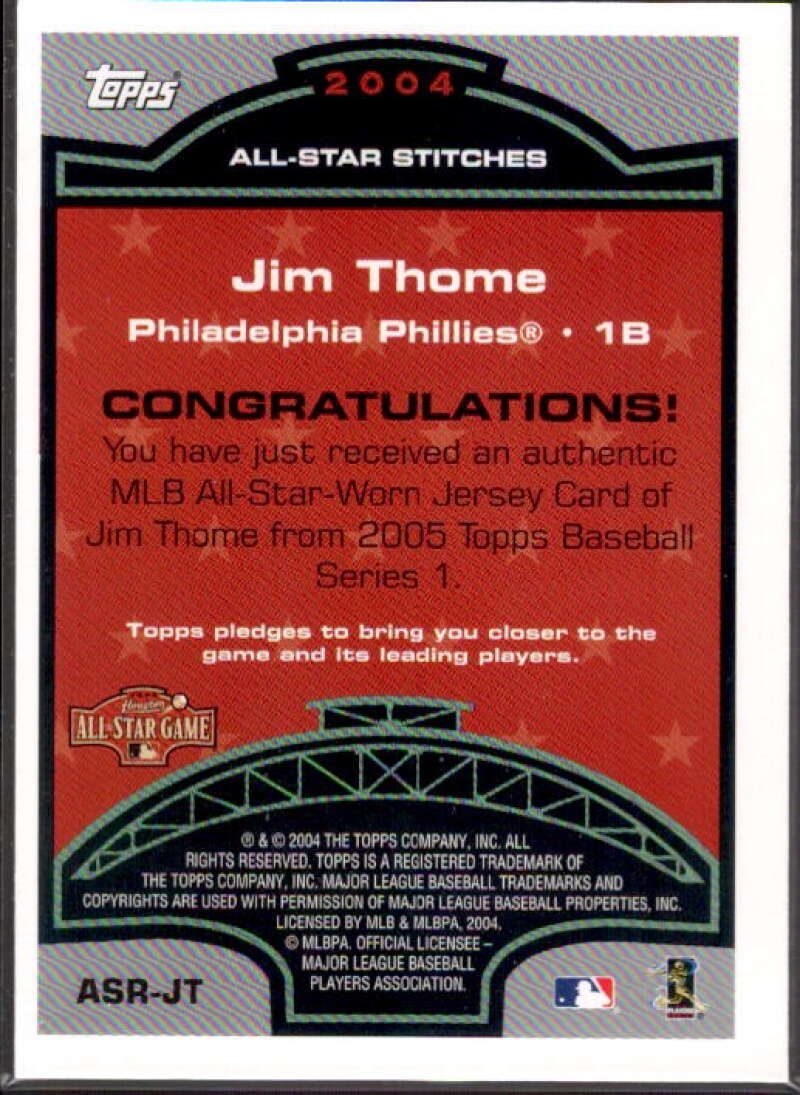Jim Thome Card 2005 Topps All-Star Stitches Relics #JT  Image 2