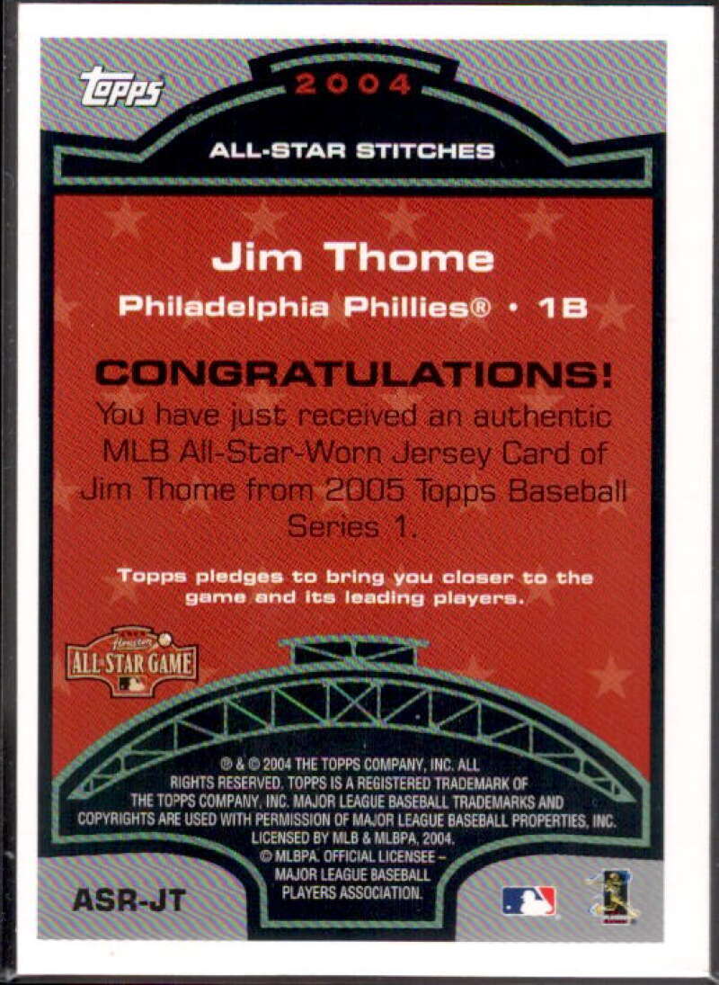 Jim Thome Card 2005 Topps All-Star Stitches Relics #JT  Image 2