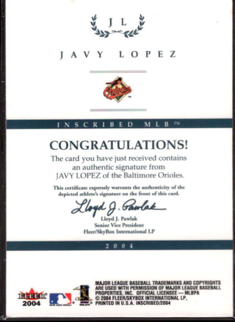 Javy Lopez Card 2004 Fleer InScribed Autographs Silver #JL  Image 2