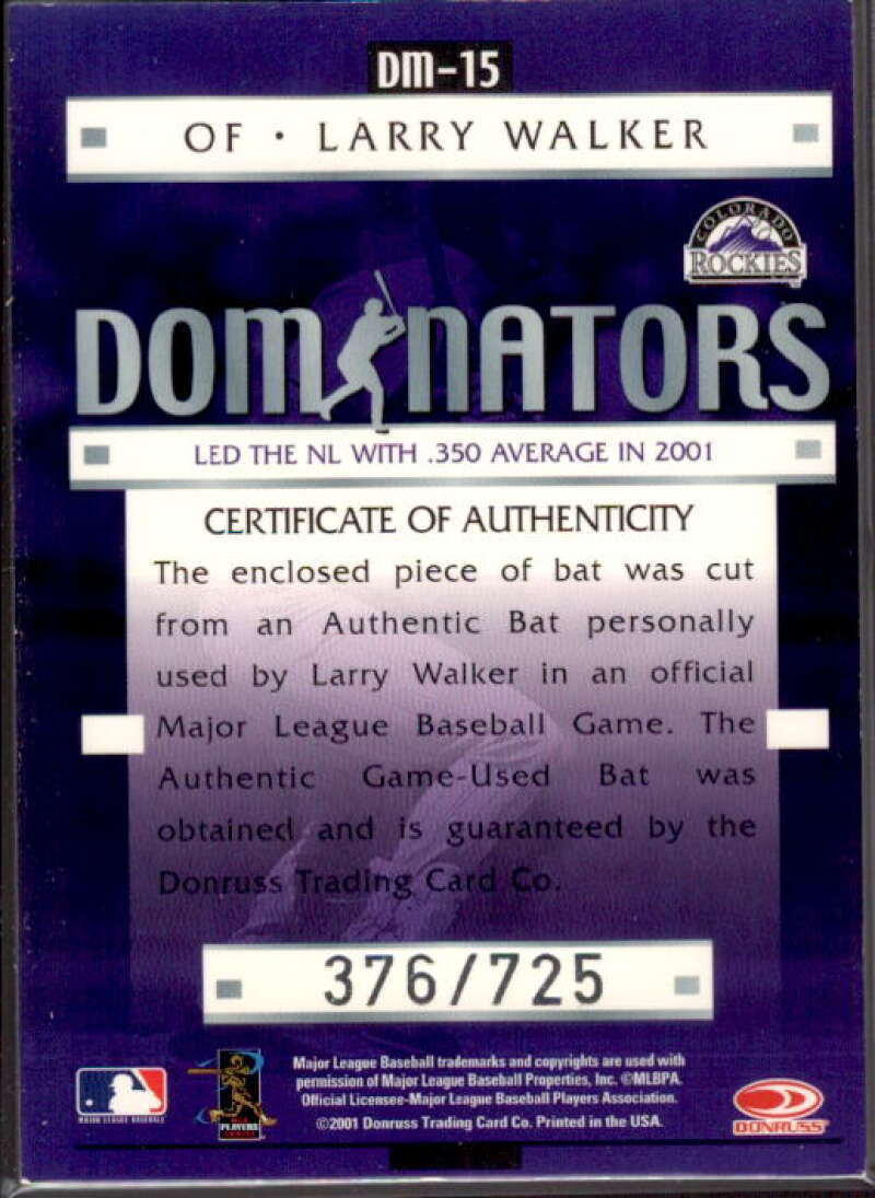 Larry Walker Bat Card 2001 Donruss Class of 2001 Diamond Dominators #DM15  Image 2