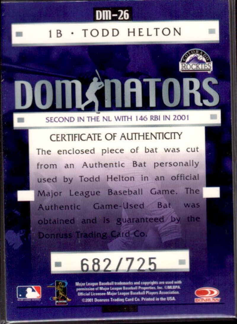 Todd Helton Bat Card 2001 Donruss Class of 2001 Diamond Dominators #DM26  Image 2