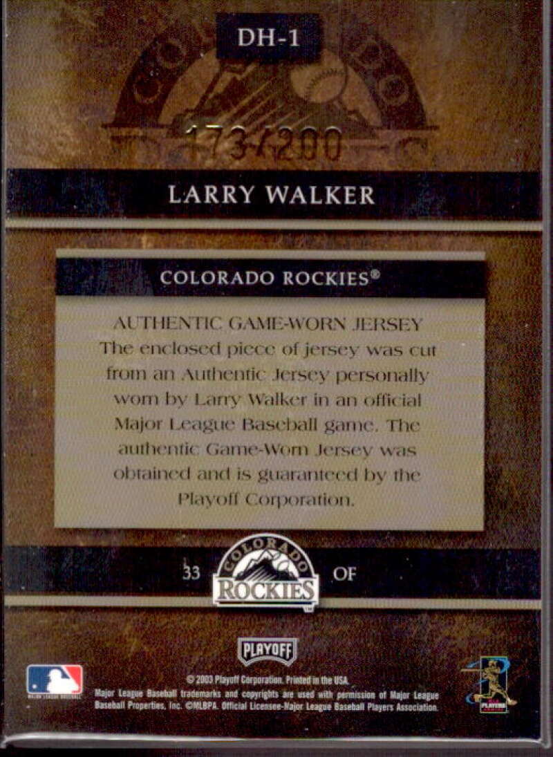 Larry Walker Jsy Card 2003 Playoff Prestige Diamond Heritage Material #1  Image 2