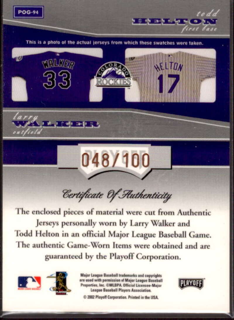 Todd Helton Jsy/Walker Jsy 2002 Playoff Piece of the Game Materials Bronze #94  Image 2