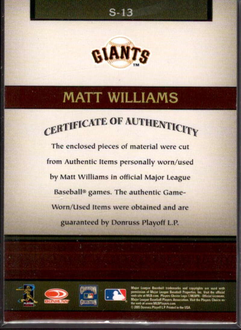 Matt Williams Card 2005 Donruss Greats Souvenirs Material Bat #13  Image 2