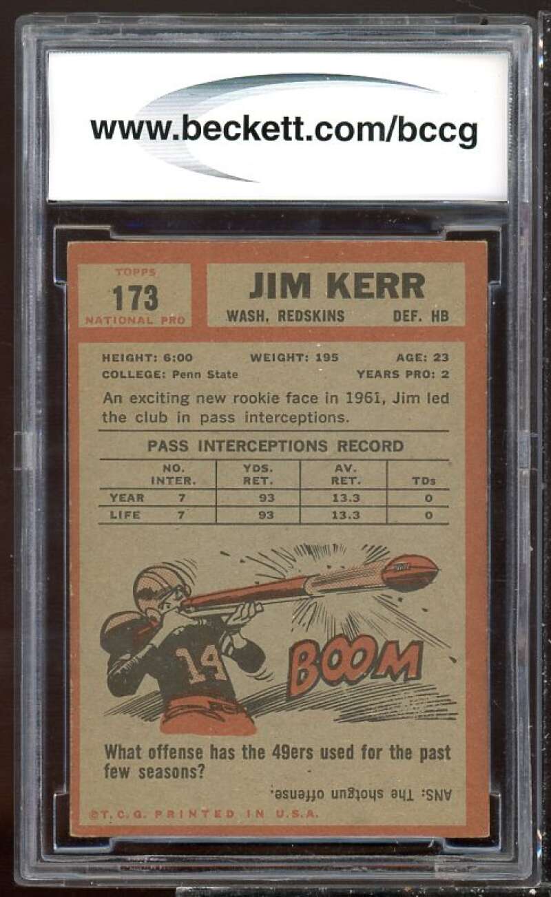 Jim Kerr Rookie Card 1962 Topps #173 BGS BCCG 7 Image 2