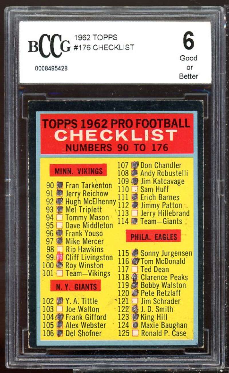 Checklist (marked) 90-176 Card 1962 Topps #176 BGS BCCG 6 Image 1