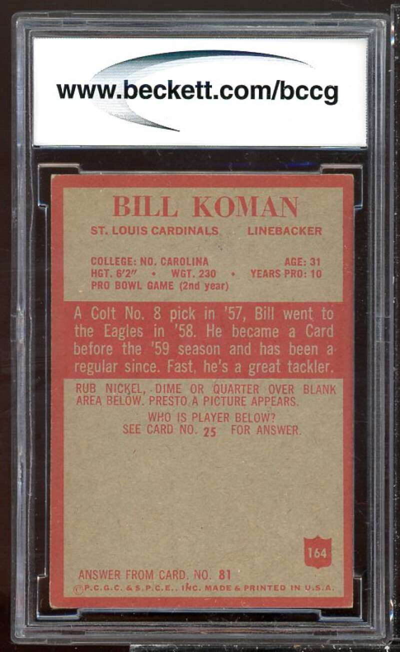 Bill Koman Card 1965 Philadelphia #164 BGS BCCG 8 Image 2