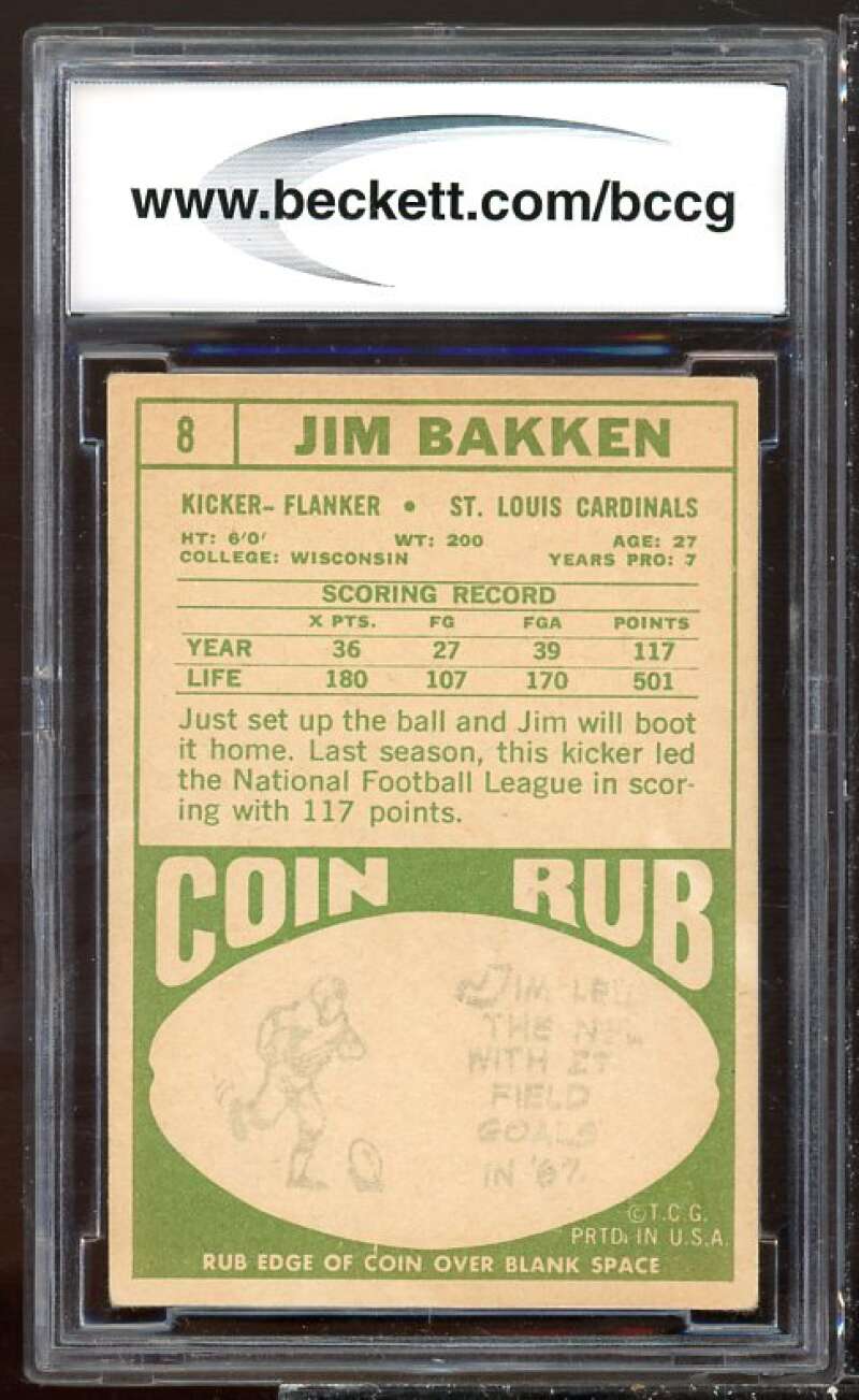 Jim Bakken Card 1968 Topps #8 BGS BCCG 7 Image 2