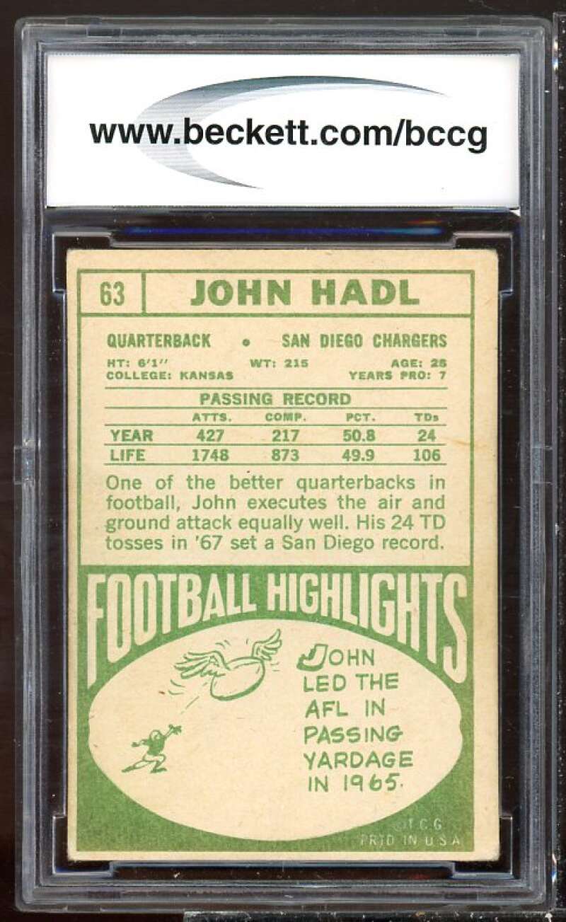 John Hadl Card 1968 Topps #63 BGS BCCG 7 Image 2