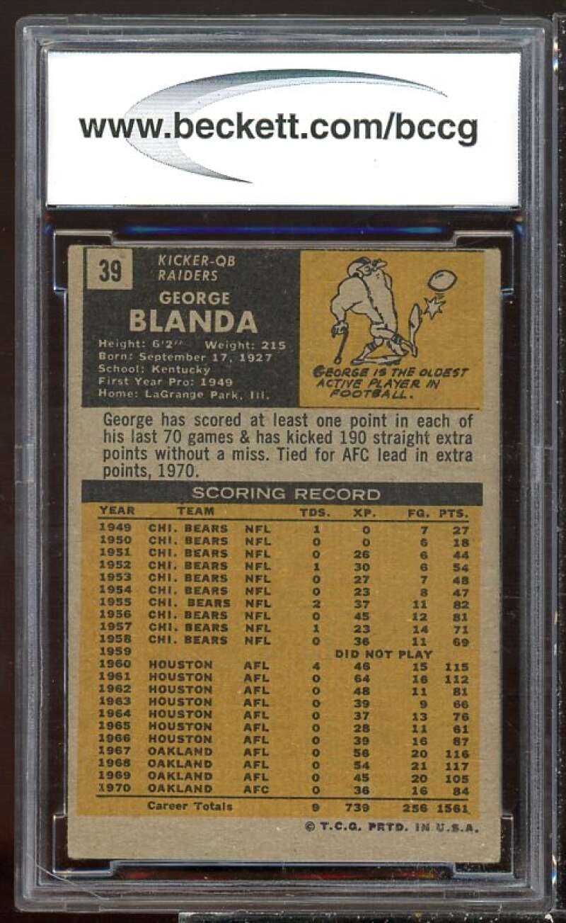 George Blanda Card 1971 Topps #39 BGS BCCG 8 Image 2