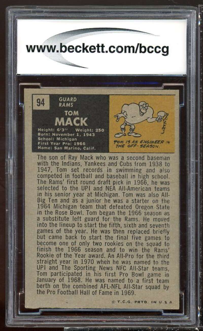 Tom Mack Card 1971 Topps #94 BGS BCCG 8 Image 2