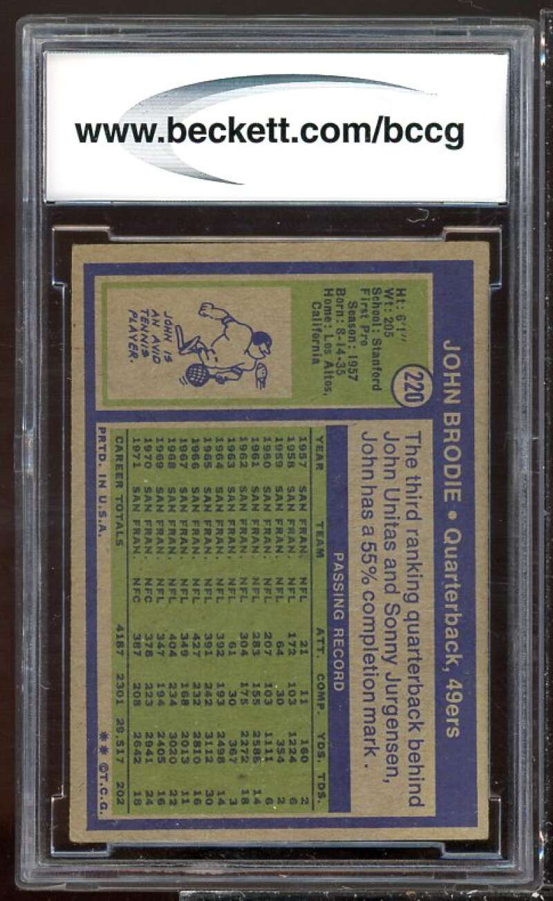 John Brodie Card 1972 Topps #220 BGS BCCG 7 Image 2