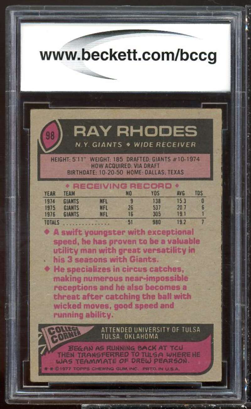 Ray Rhodes Rookie Card 1977 Topps #98 BGS BCCG 7 Image 2