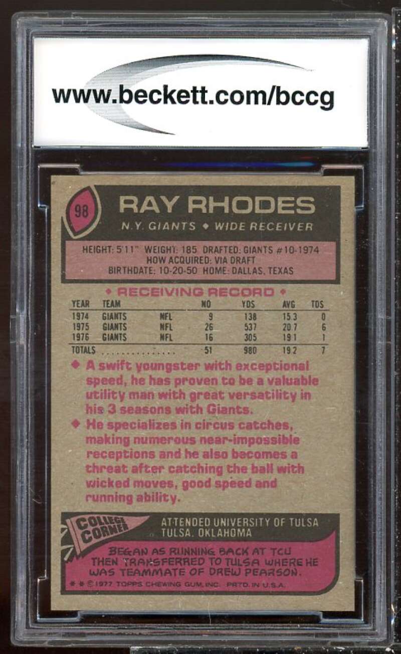 Ray Rhodes Card 1977 Topps #98 BGS BCCG 9 Image 2