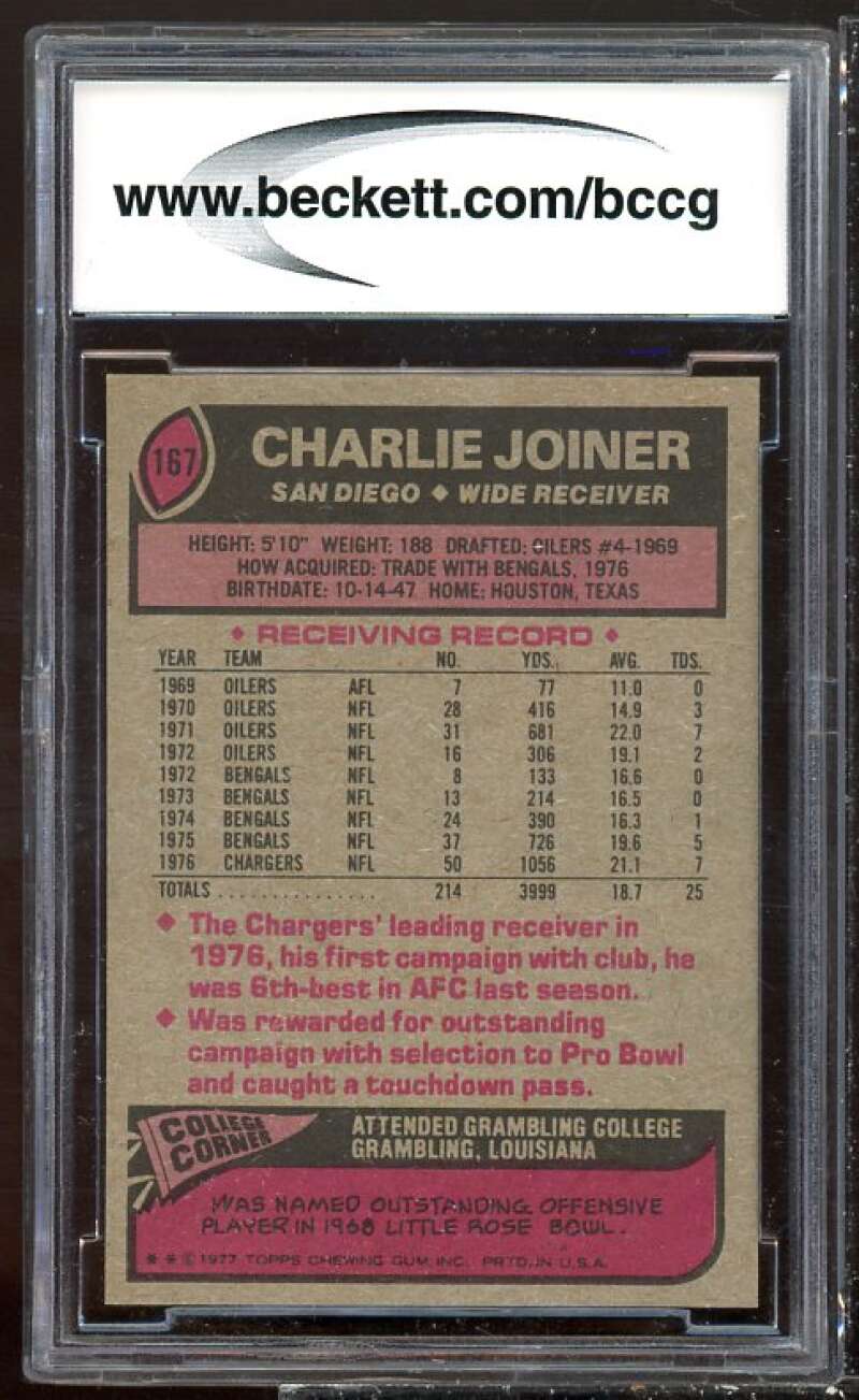 Charlie Joiner Card 1977 Topps #167 BGS BCCG 9 Image 2