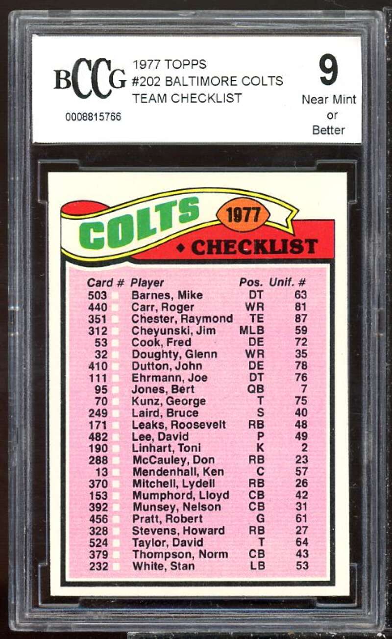 Baltimore Colts Team Checklist Card 1977 Topps #202 BGS BCCG 9 Image 1