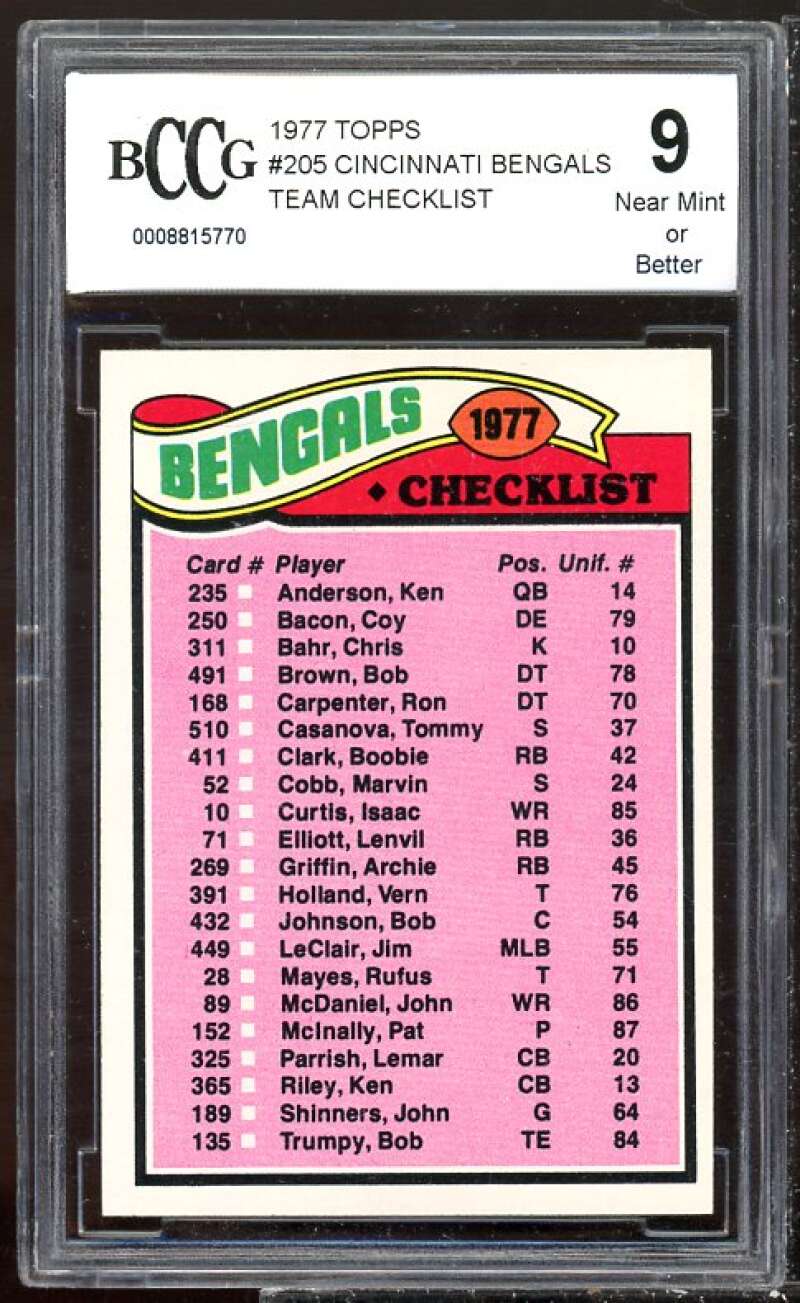 Cincinnati Bengals Team Checklist Card 1977 Topps #205 BGS BCCG 9 Image 1