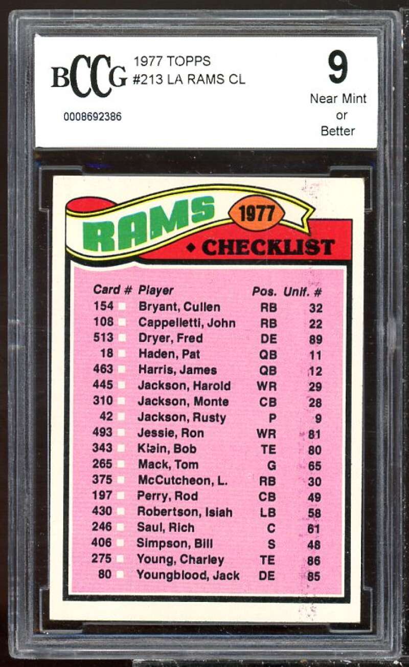 Los Angeles Rams Team Checklist Card 1977 Topps #213 BGS BCCG 9 Image 1