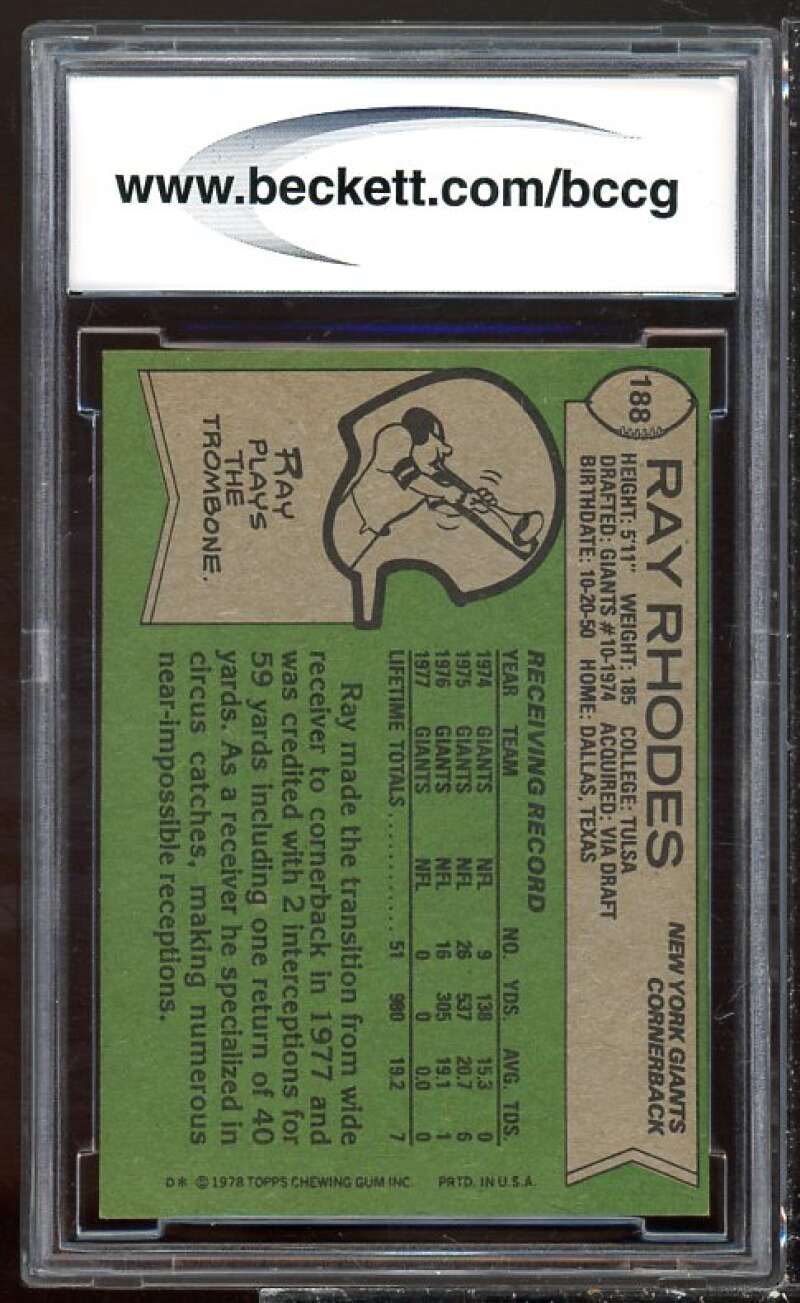 Ray Rhodes Card 1978 Topps #188 BGS BCCG 9 Image 2