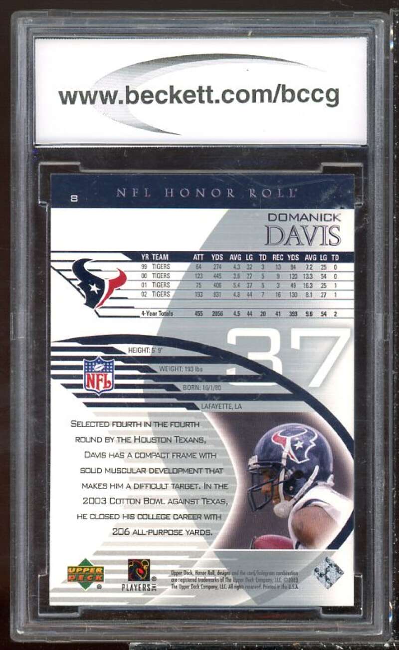 Domanick Davis Rookie Card 2003 Upper Deck Honor Roll #8 BGS BCCG 10 Image 2