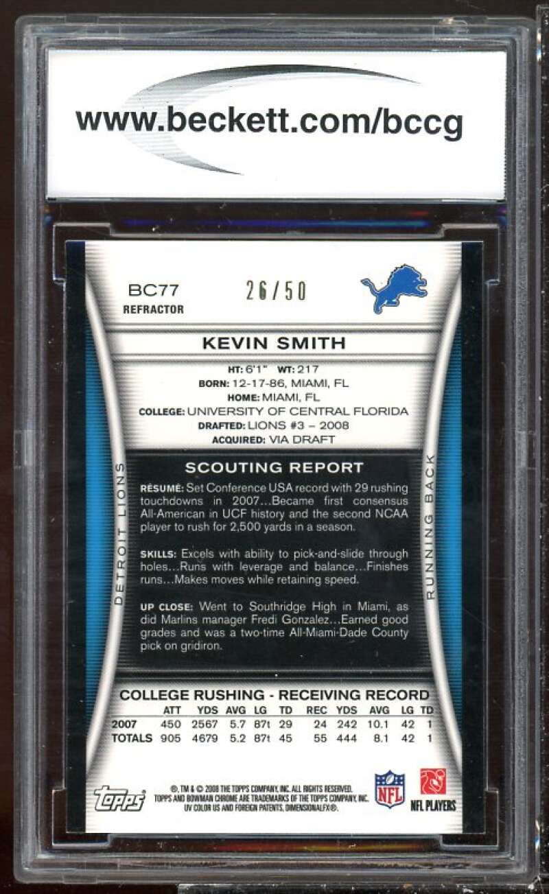 Kevin Smith Rookie Card 2008 Bowman Chrome Gold Refractors #BC77 BGS BCCG 10 Image 2