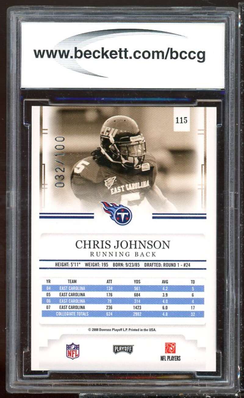 Chris Johnson Rookie Card 2008 Playoff Prestige Xtra Points Red #115 BGS BCCG 10 Image 2