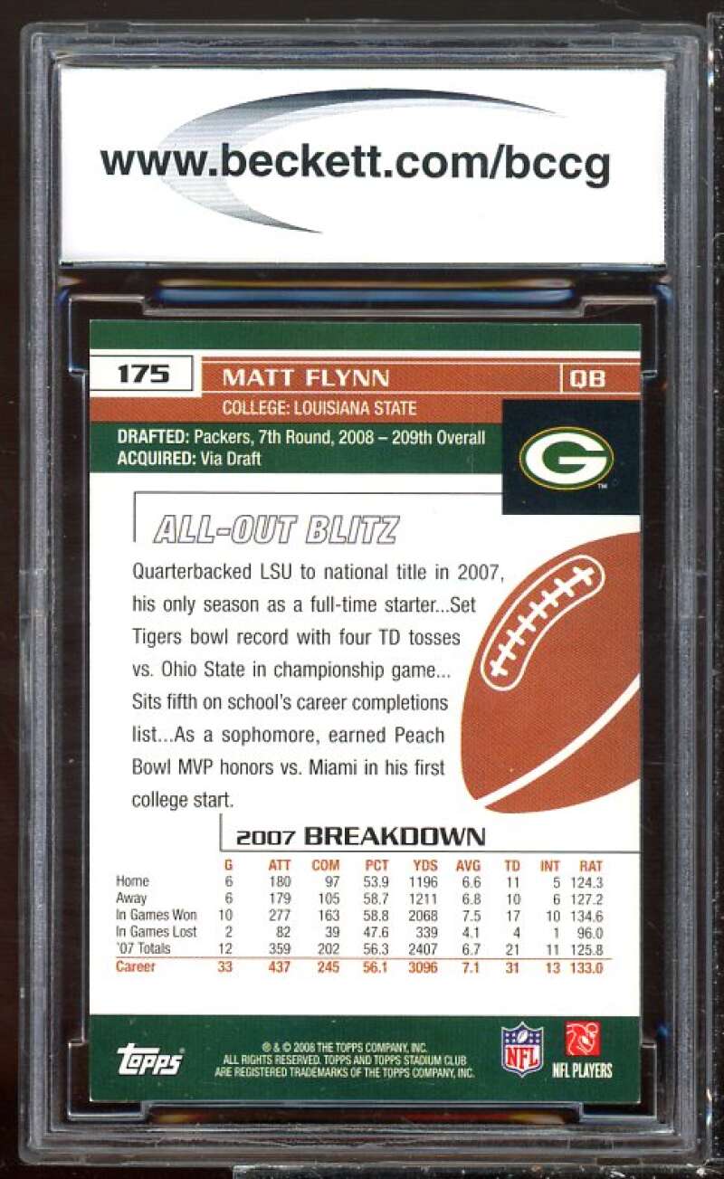 Matt Flynn Rookie Card 2008 Stadium Club Rookie Autographs #175 BGS BCCG 10 Image 2