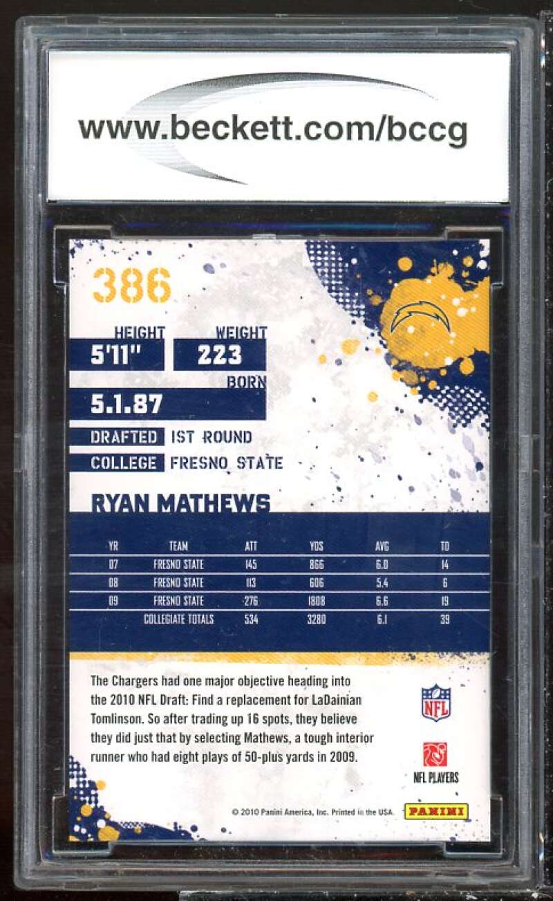 Ryan Mathews Rookie Card 2010 Score #386 BGS BCCG 10 Image 2