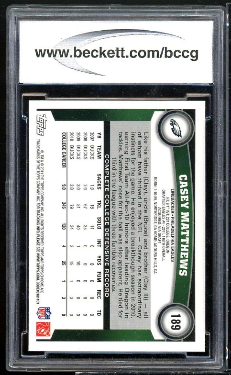 Casey Matthews Rookie Card 2011 Topps Chrome #189 BGS BCCG 10 Image 2