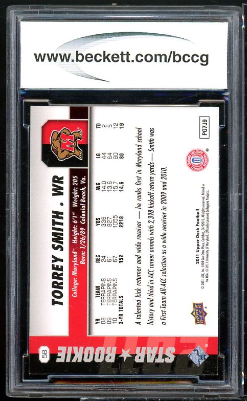 Torrey Smith Rookie Card 2011 Upper Deck #58 BGS BCCG 10 Image 2