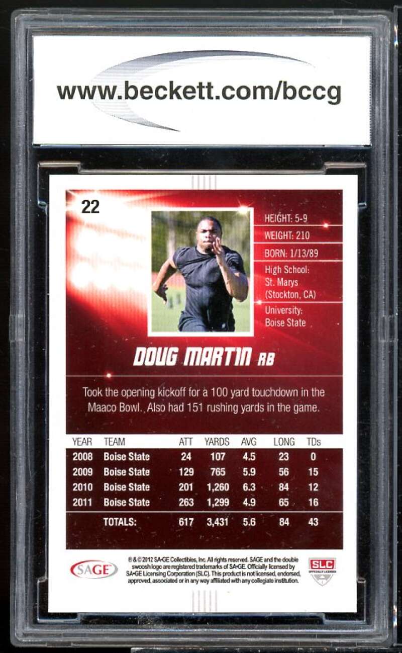 Doug Martin Rookie Card 2012 Sage Hit #22 BGS BCCG 10 Image 2