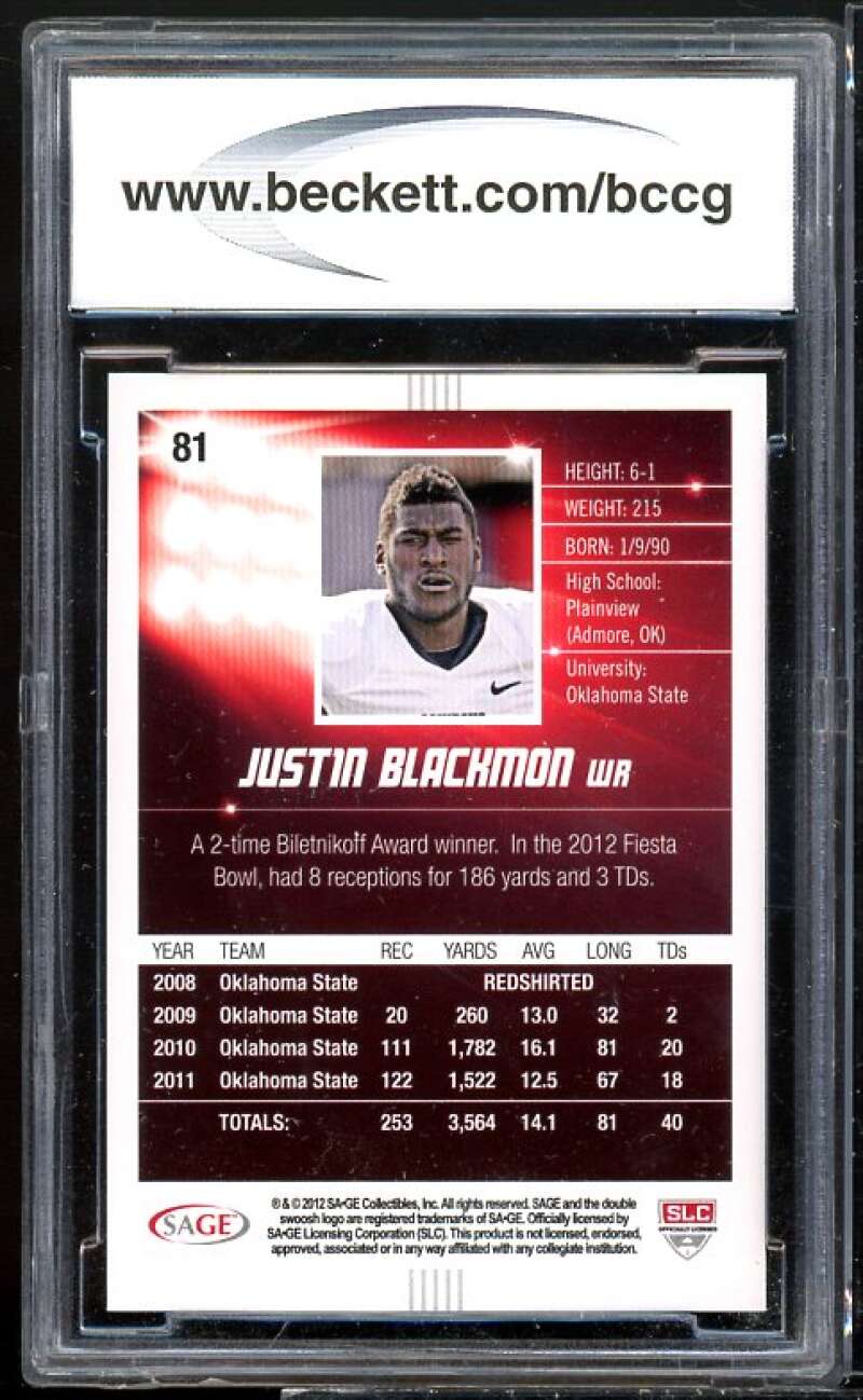 Justin Blackman Rookie Card 2012 Sage Hit #81 BGS BCCG 10 Image 2