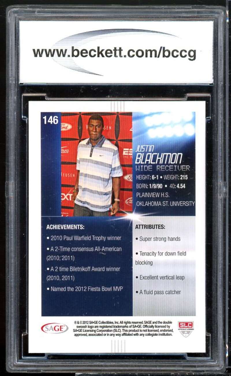 Justin Blackmon Rookie Card 2012 Sage Hit #146 BGS BCCG 10 Image 2