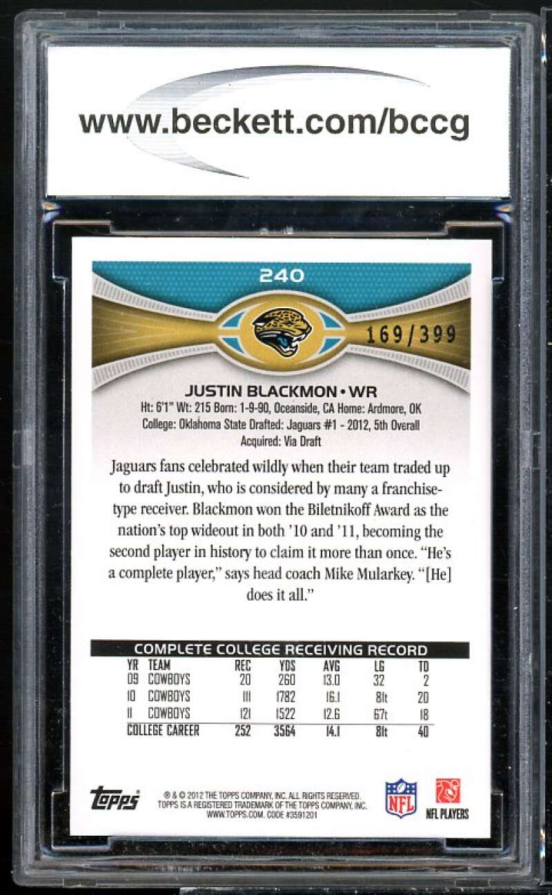 Justin Blackmon Rookie Card 2012 Topps Pink #240 BGS BCCG 9 Image 2