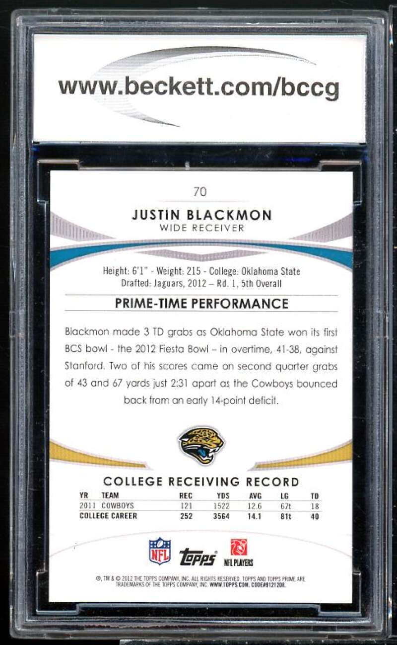 Justin Blackmon Rookie Card 2012 Topps Prime Silver Rainbow #70 BGS BCCG 10 Image 2