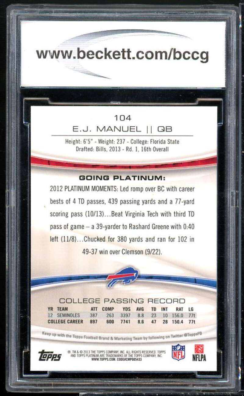 EJ Manuel Rookie Card 2013 Topps Platinum #104 BGS BCCG 10 Image 2