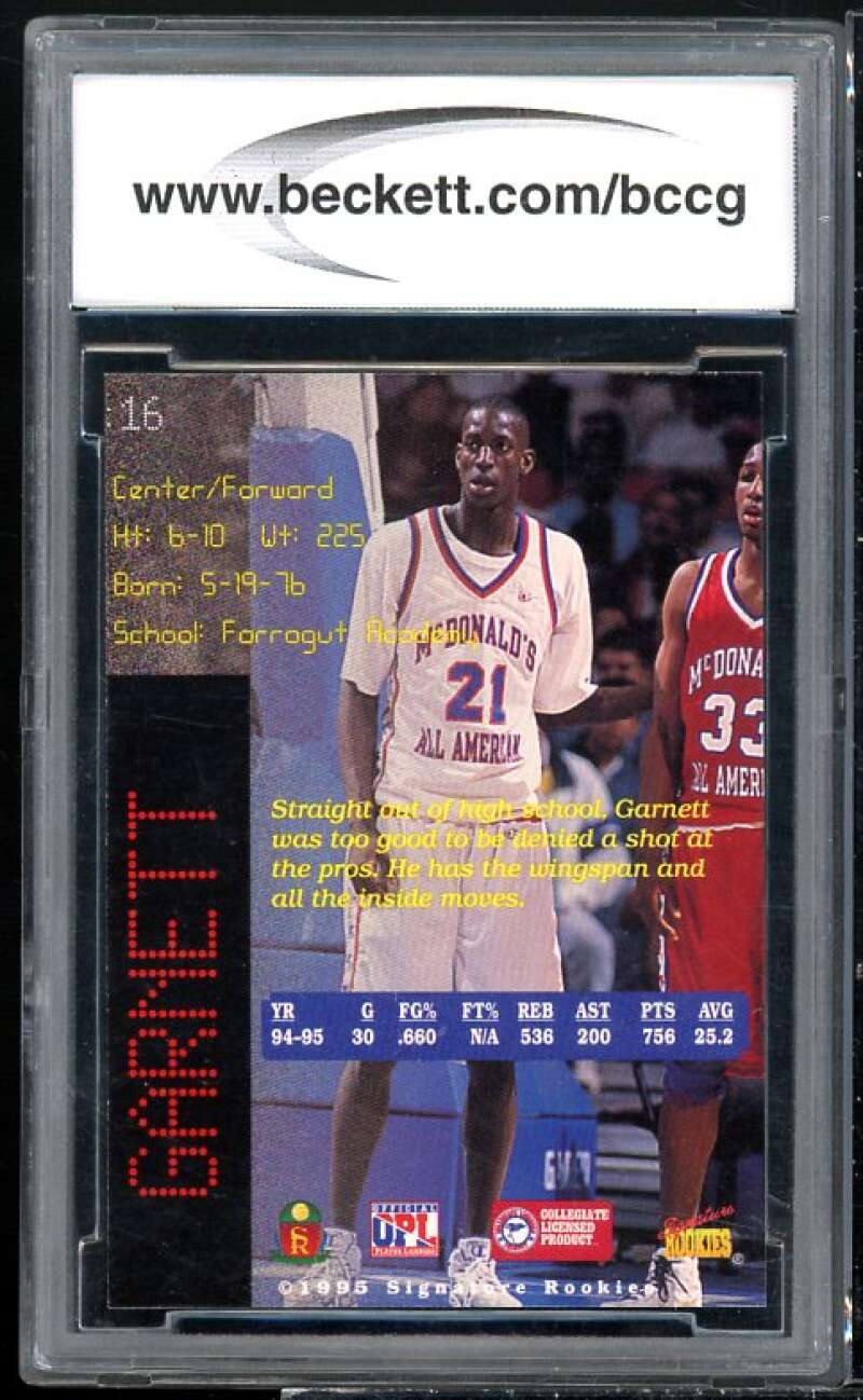 Kevin Garnett Rookie Card 1995 SR Prime Promo #16 BGS BCCG 10 Image 2