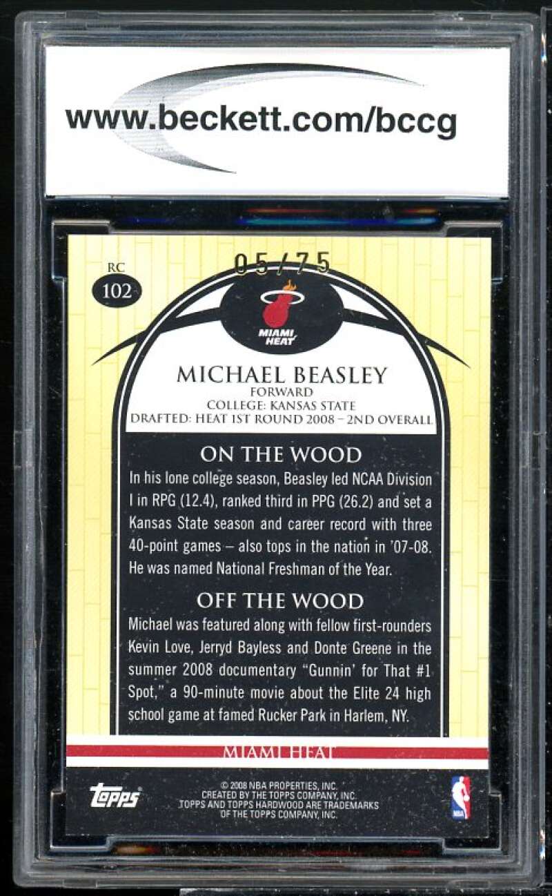 Michael Beasley Rookie Card 2008-09 Topps Hardwood Mahogany #102b BGS BCCG 10 Image 2