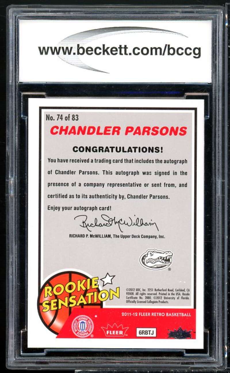 Chandler Parsons Rookie Card 2011-12 Fleer Retro Autographs #74 BGS BCCG 10 Image 2