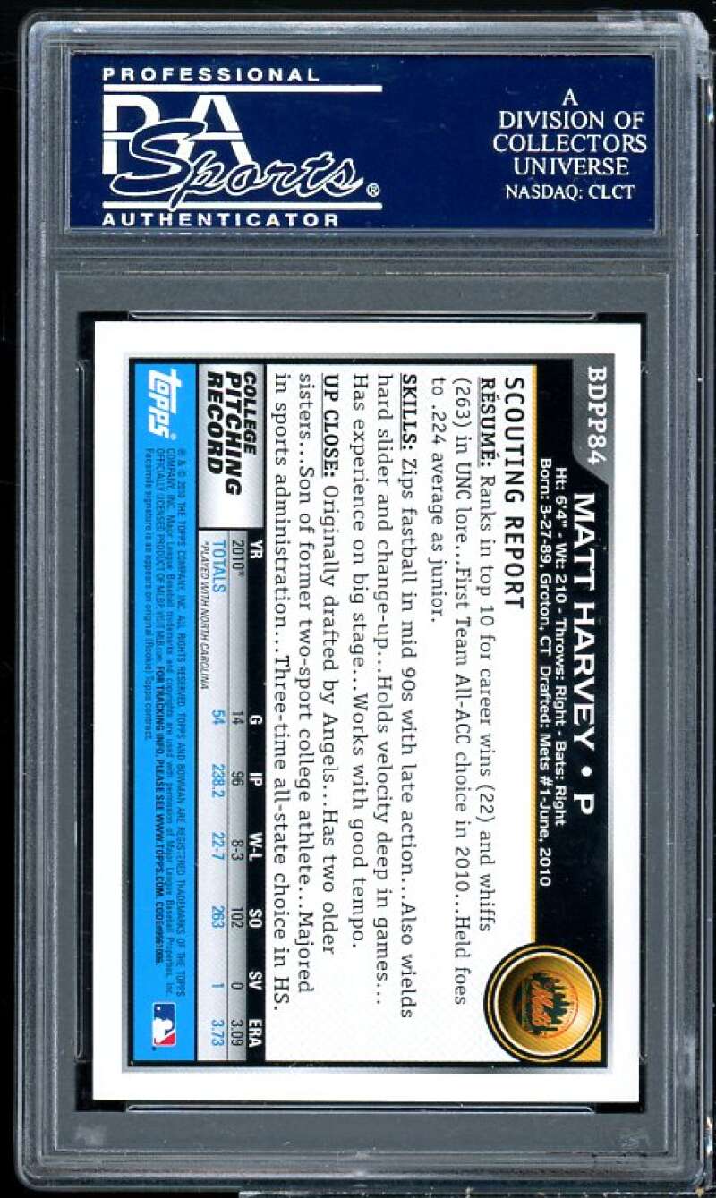 Matt Harvey Rookie Card 2010 Bowman Draft Pics n Prospects #BDPP84 PSA 9 Image 2