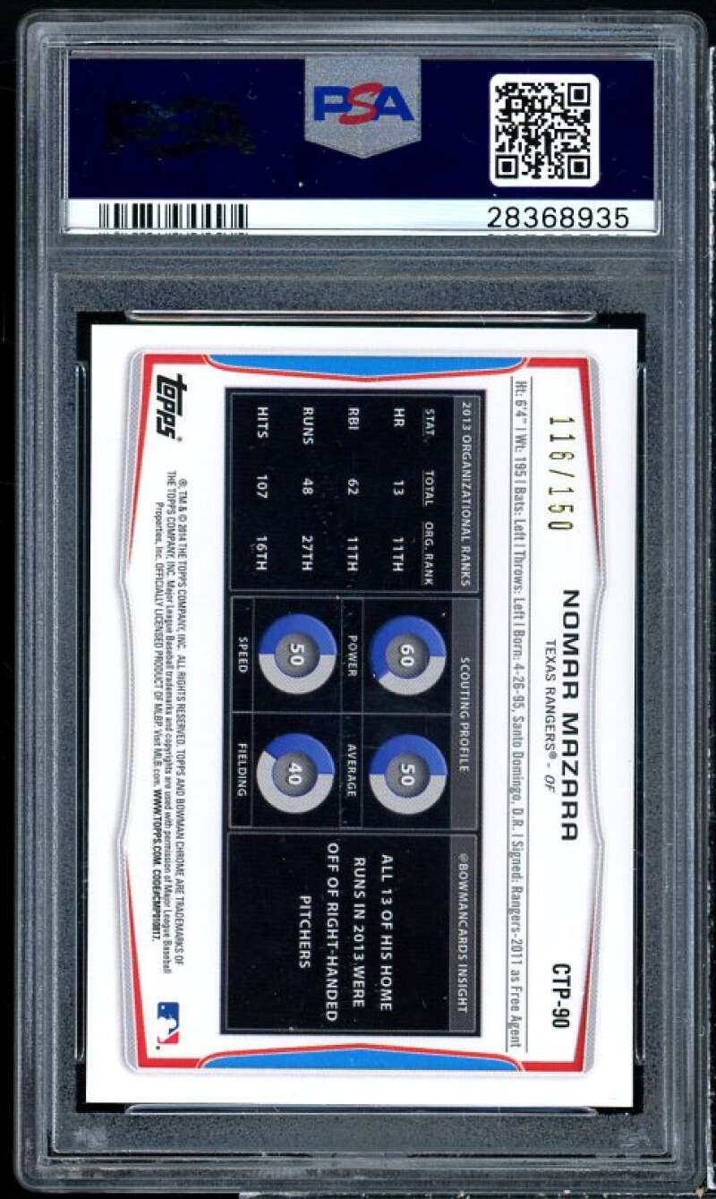 Nomar Mazara Rookie Card 2014 Bowman Draft TP Chrome Green Ref #CTP90 PSA 10 Image 2