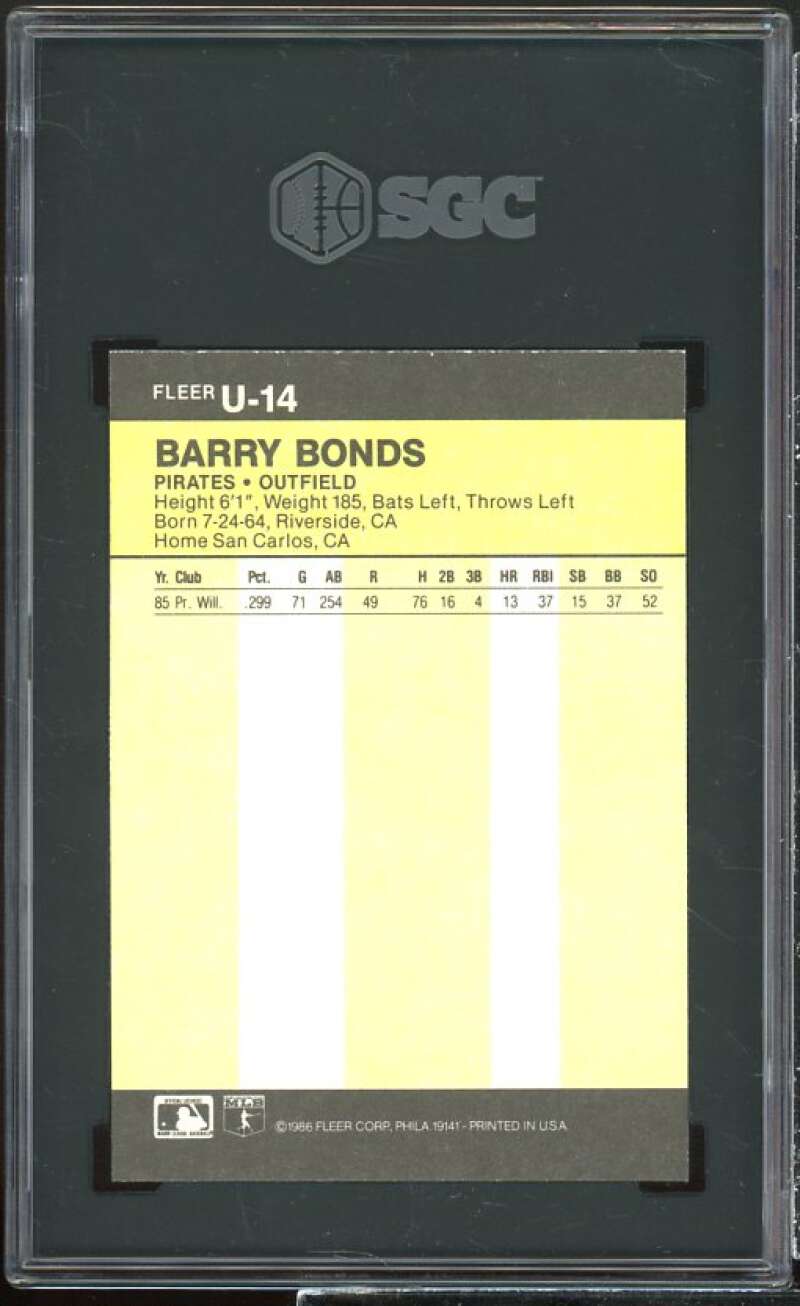 Barry Bonds Rookie Card 1986 Fleer Update #U-14 SGC 8 Image 2