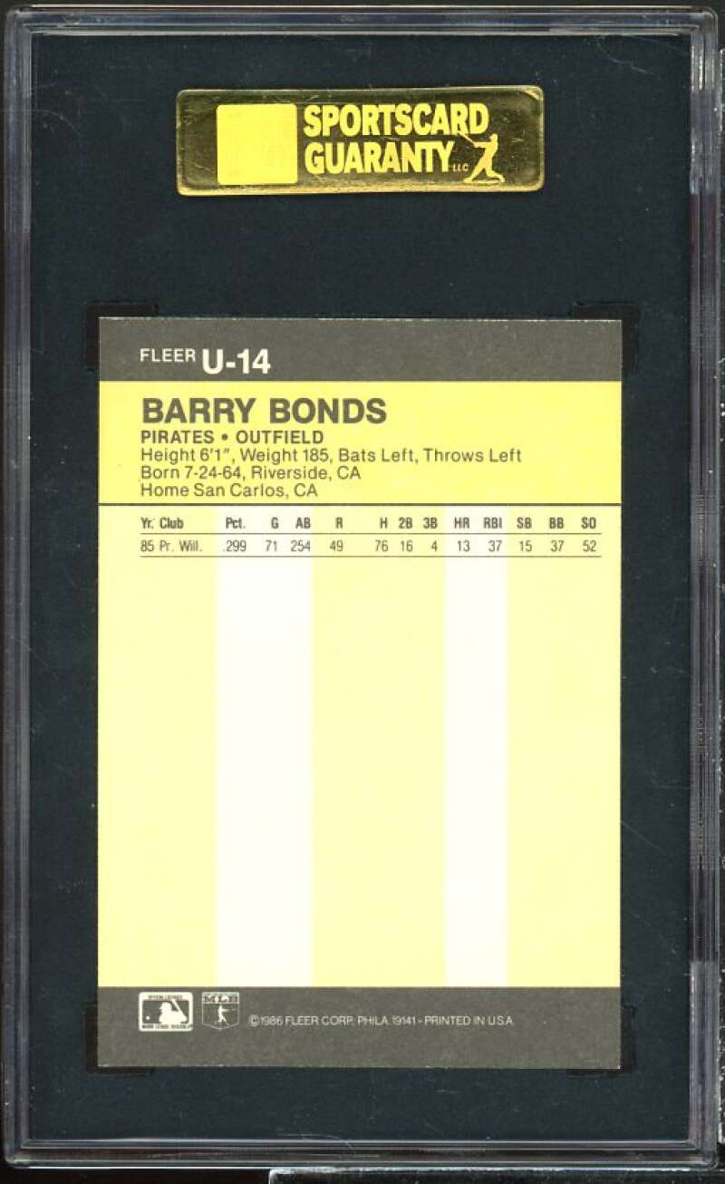 Barry Bonds Rookie Card 1986 Fleer Update #U-14 SGC 8 Image 2