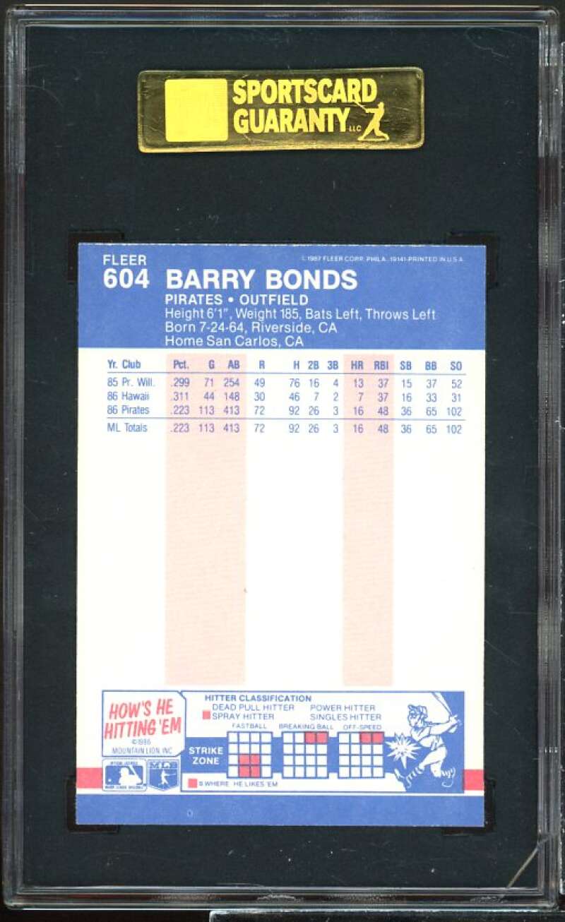 Barry Bonds Rookie Card 1987 Fleer #504 SGC 8.5 Image 2