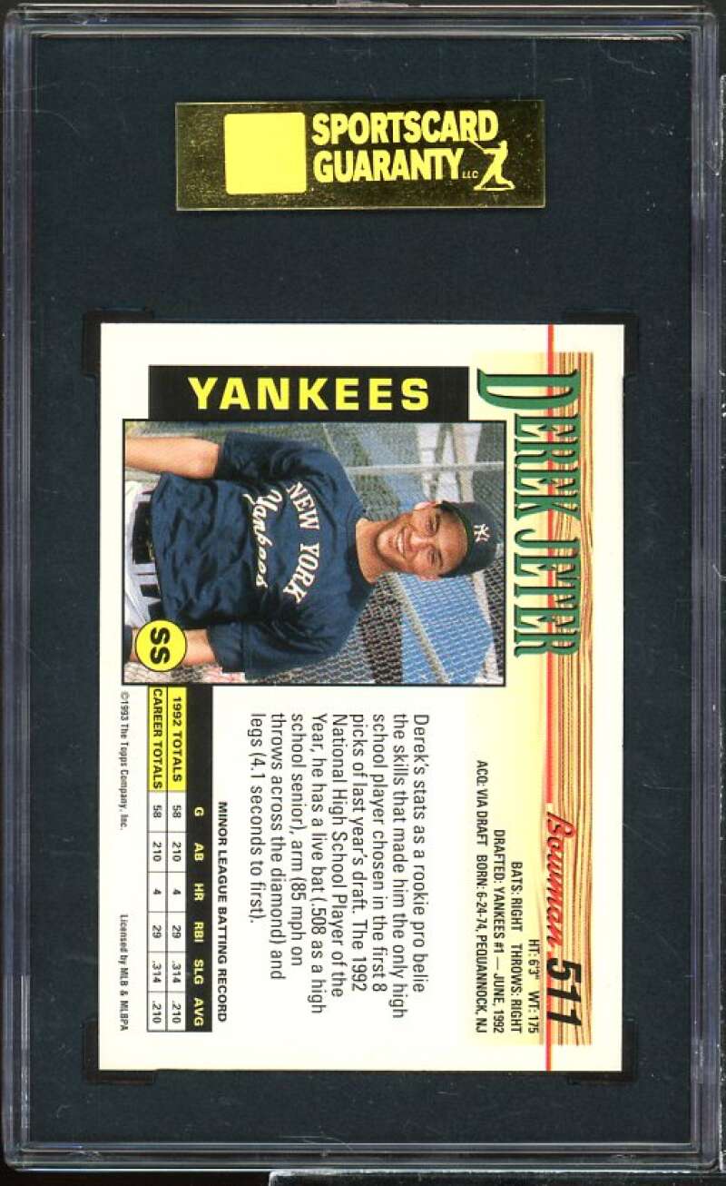 Derek Jeter Rookie Card 1993 Bowman #511 SGC 8 Image 2