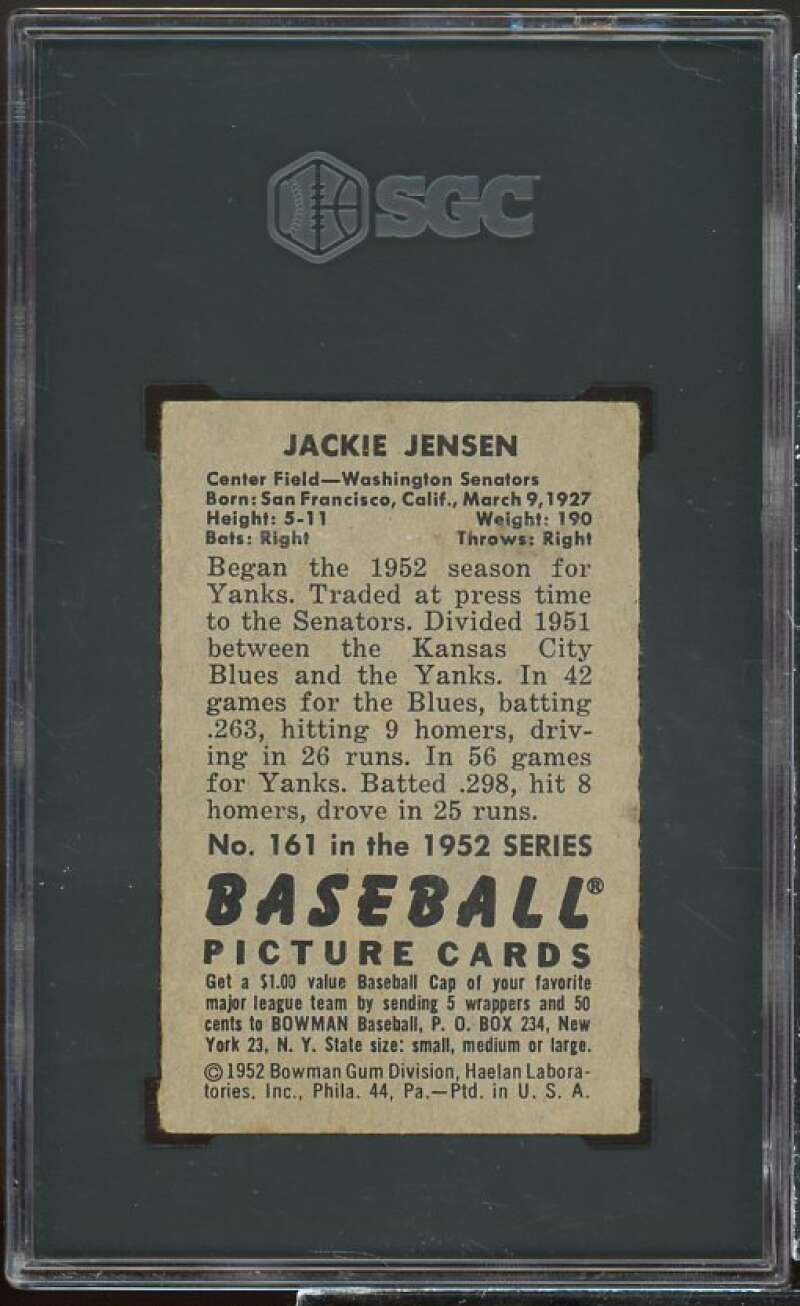 Jackie Jensen Card 1952 Bowman #161 SGC 4.5 Image 2