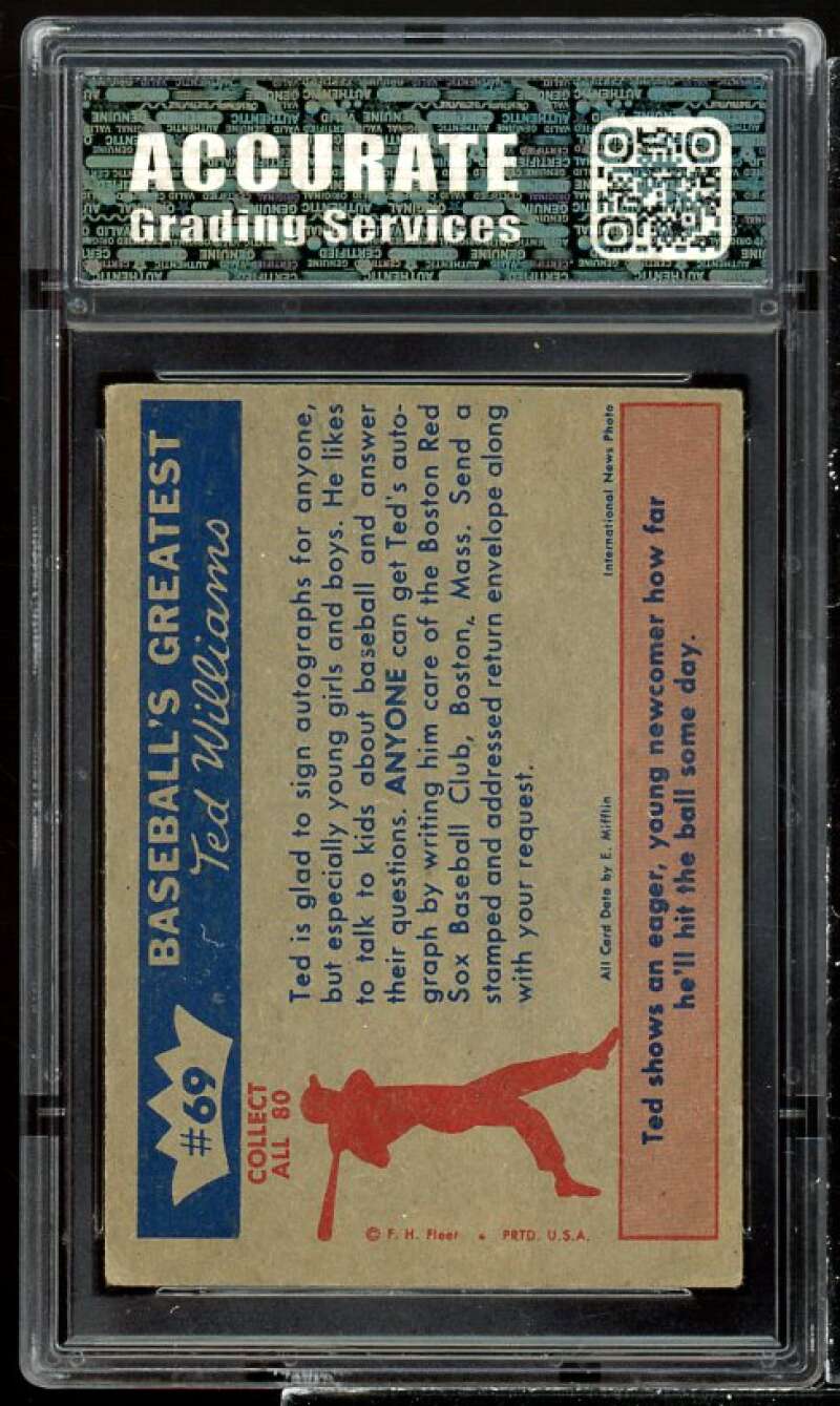 Ted Williams Card 1959 Fleer Ted Williams #69 AGS 4 VG/EX Image 2