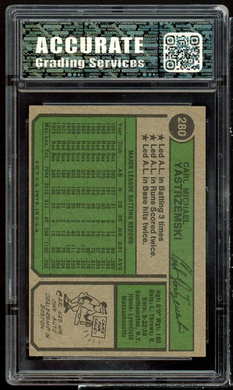 Carl Yastrzemski Card 1974 Topps #280 AGS 6 EX/MT Image 2